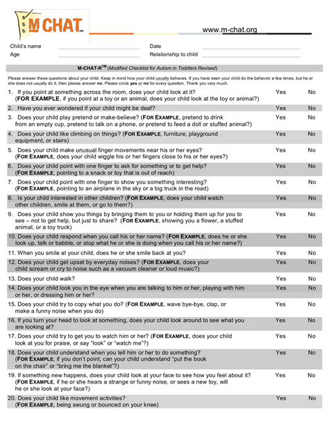 Modified Checklist for Autism in Toddlers (M